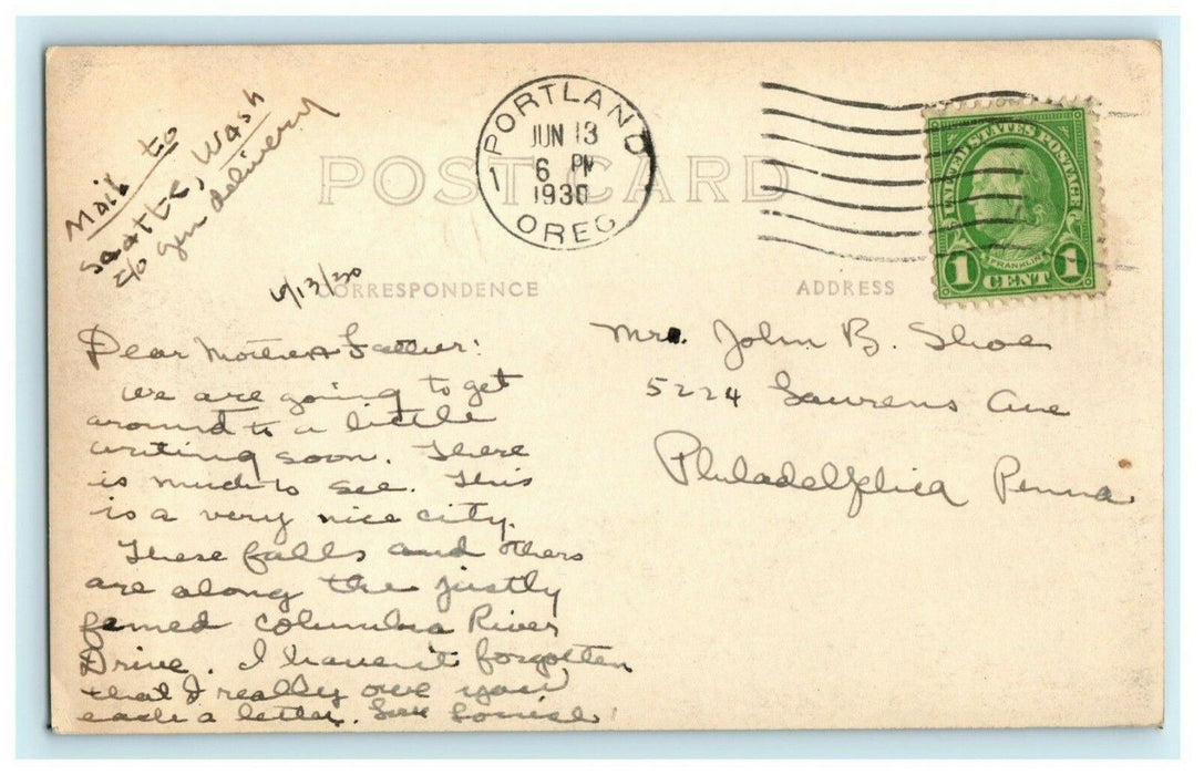 1930 Multnomah Waterfall Columbia River Oregon OR Portland RPPC Photo Postcard