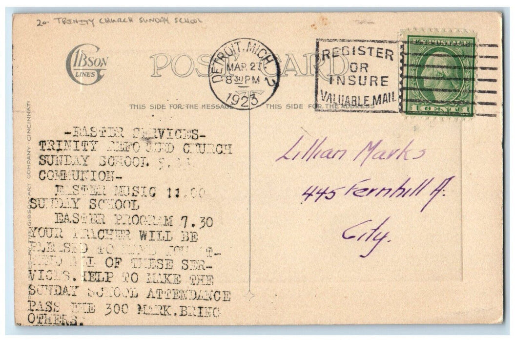 1923 Easter Wishes Birds Flowers Trinity Church Sunday School Gibson Postcard