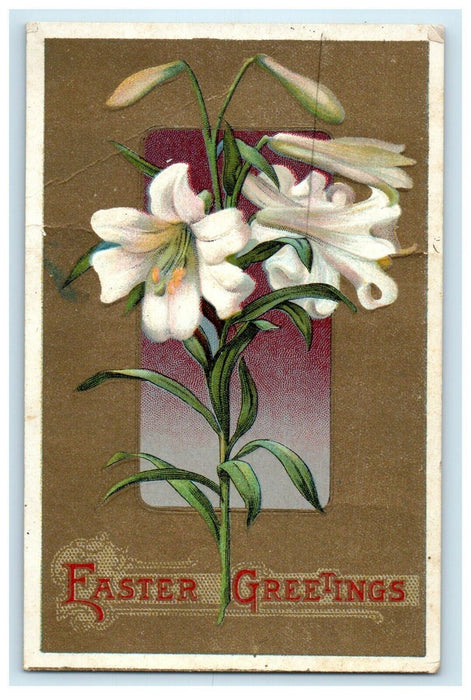 1914 Easter Greetings White Stargazer Lily Flowers Glitter Antique Postcard