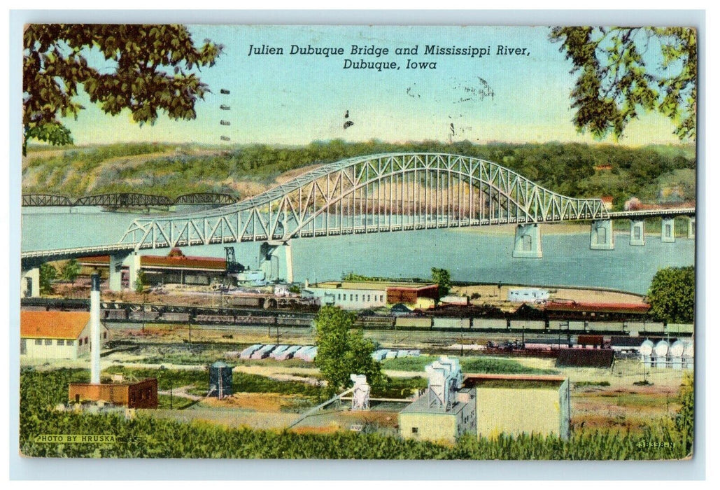 1951 Dubuque IA, Julien Dubuque Bridge And Mississippi River Vintage Postcard