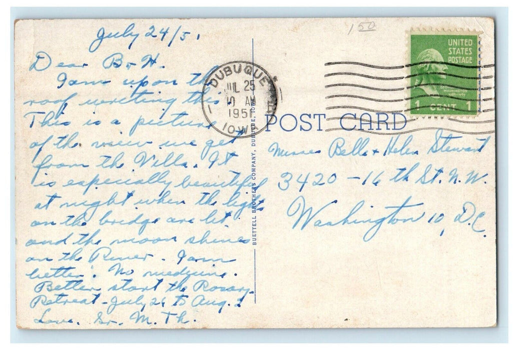 1951 Dubuque IA, Julien Dubuque Bridge And Mississippi River Vintage Postcard