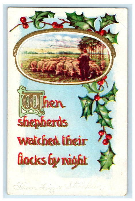 c1910's Greetings Easter Man And Sheeps Holly Berries Embossed Antique Postcard