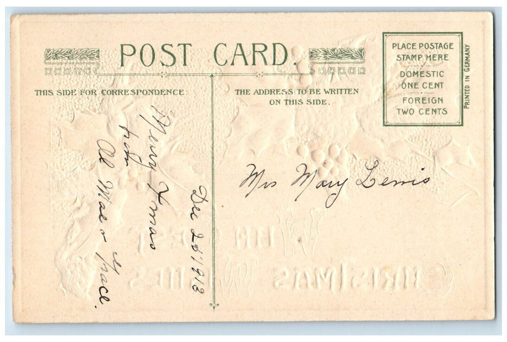 1913 Christmas Wishes Holly Berries Covered Snow John Winsch Embossed Postcard