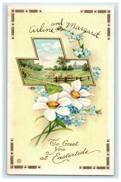 c1910's Greetings Easter Pansies Flowers Cross Lamb Sheep Embossed Postcard