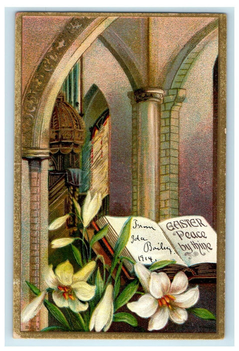 1914 Greetings Easter Book Stargazer White Lily Flowers Embossed Postcard