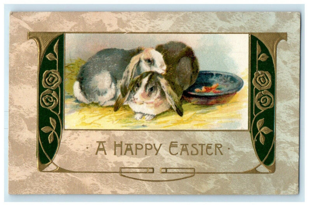 1908 Greetings Easter Rabbits And Gold Flowers Embossed Winsch Back Postcard