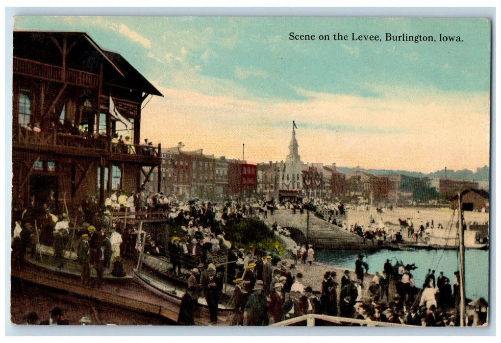 1913 Scene of People on the Levee Burlington Iowa IA Posted Antique Postcard