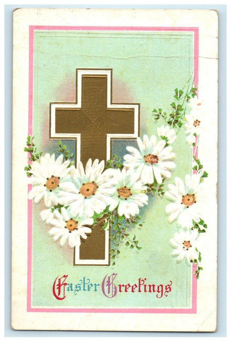 1914 Easter Greetings Gold Cross And Flowers Embossed Antique Postcard