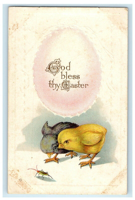 c1910's Easter Greetings Giant Egg Chicks And Cockroach Embossed Postcard