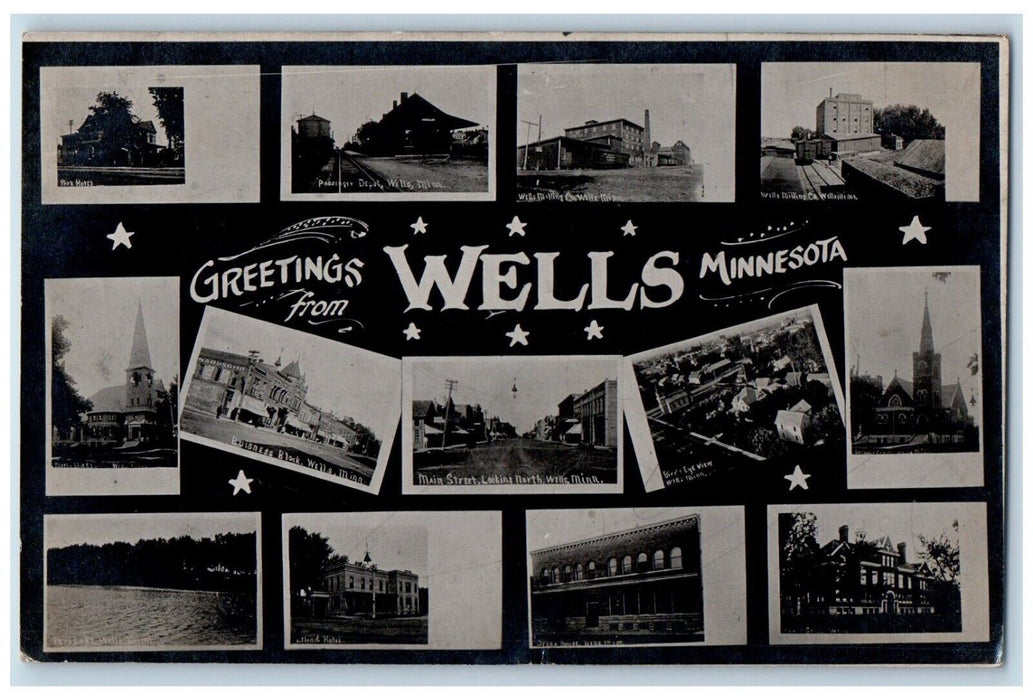 1911 Greetings Multiview Depot Opera Mill Wells Minnesota MN RPPC Photo Postcard