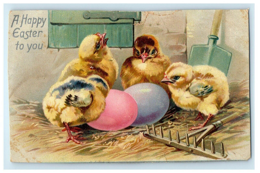 c1910's Greetings Easter Eggs And Chicks Rake Shovel Embossed Tuck's Postcard