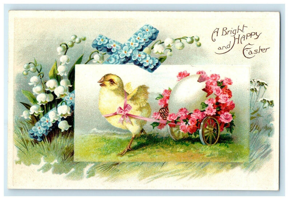 c1910's Greetings Easter Clapsaddle (?) Cross Chicks Pulling Egg Cart Postcard