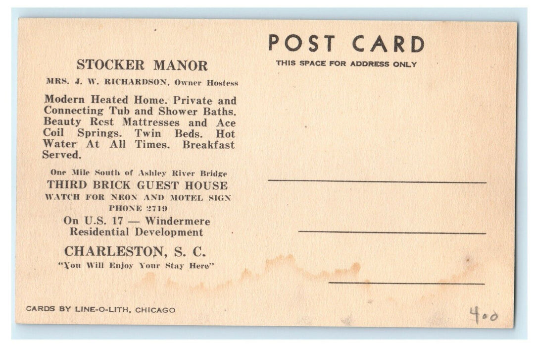 1930 Stocker Manor, Windermere on US 17 Charleston South Carolina SC Postcard