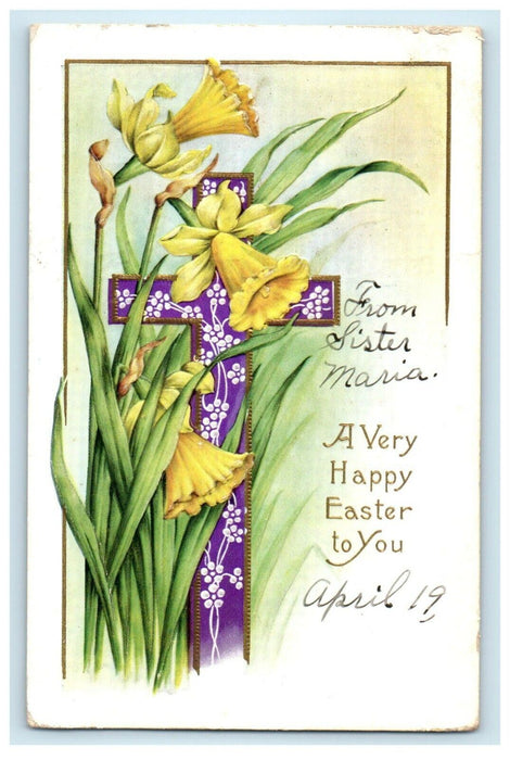 c1910's Easter Greetings Purple Gold Cross And Flowers Antique Postcard