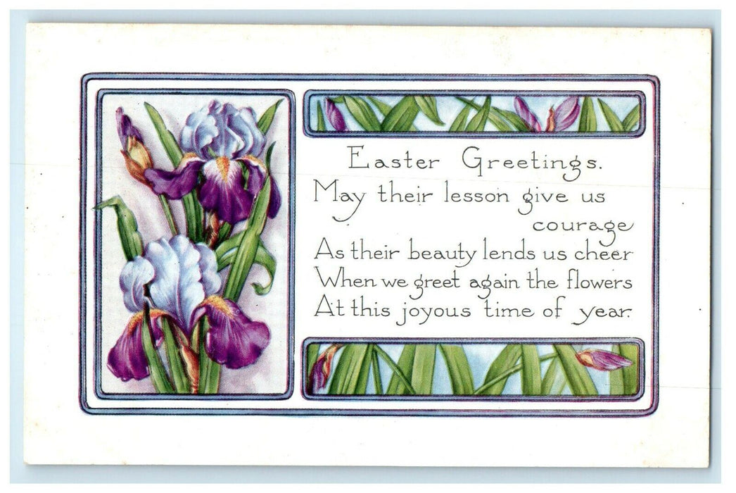 c1910's Easter Greetings Message Purple Flowers Unposted Antique Postcard