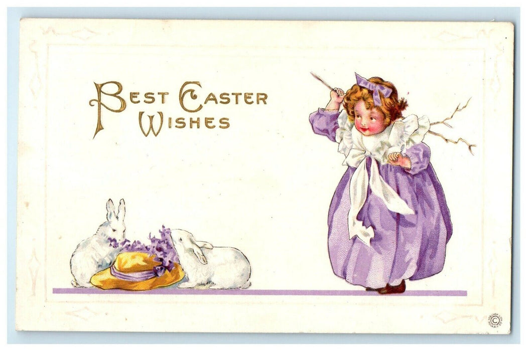 c1910's Greetings Easter Rabbits Played Little Girl Hat Embossed Postcard