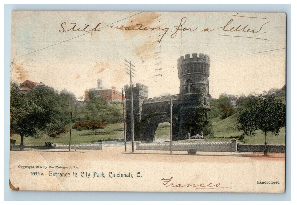 1907 Entrance To City Park Cincinnati Ohio OH Handcolored Rotograph Postcard