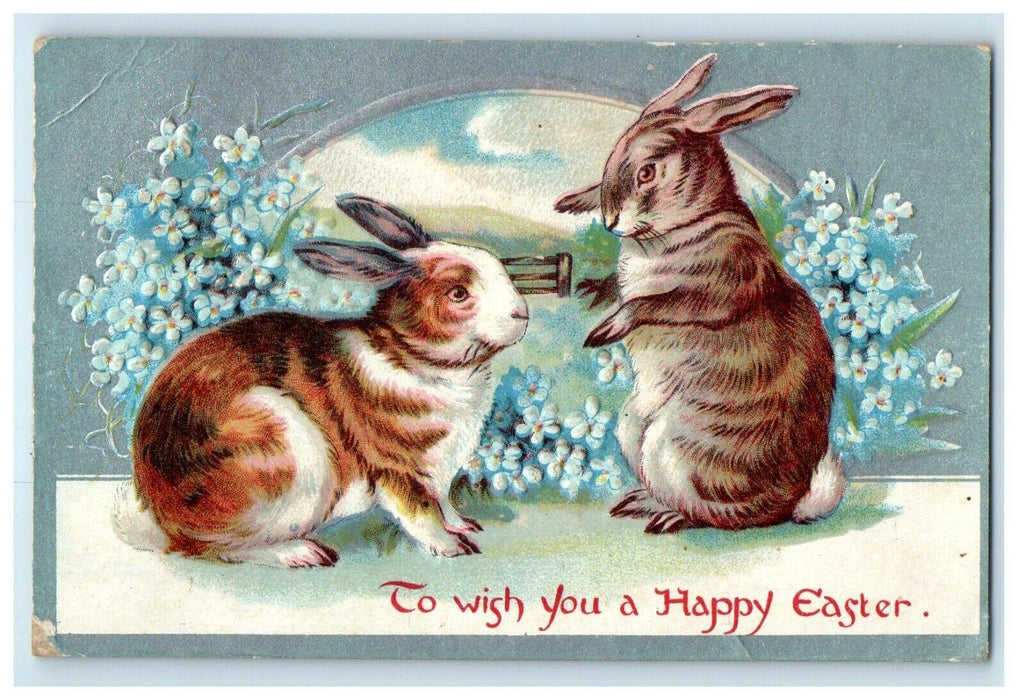 c1910's Greetings Easter Bunny Rabbits Pansies Flowers Embossed Antique Postcard