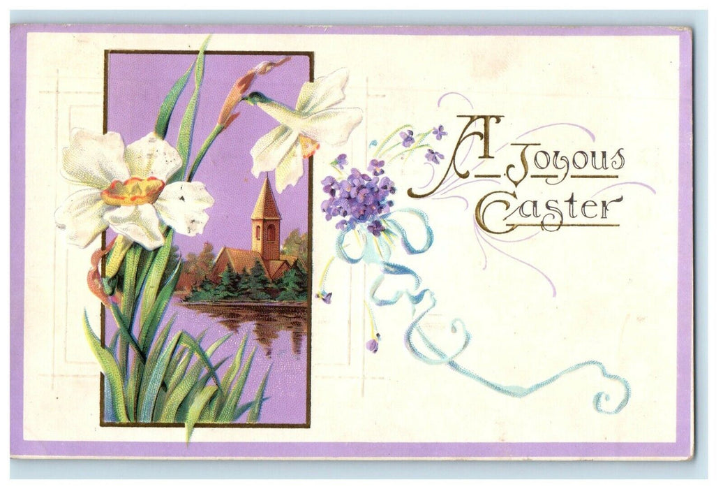 1923 Greetings Easter Purple White Flowers Tree House Embossed Antique Postcard