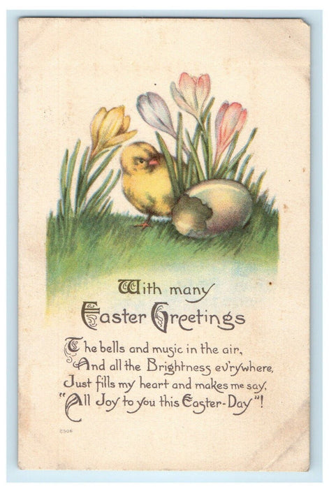 c1910's Easter Greetings Chick Hatched Egg Flowers Posted Antique Postcard