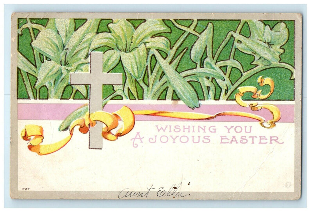 1909 Easter Greetings Cross Stargazer Lily Flowers Posted Antique Postcard