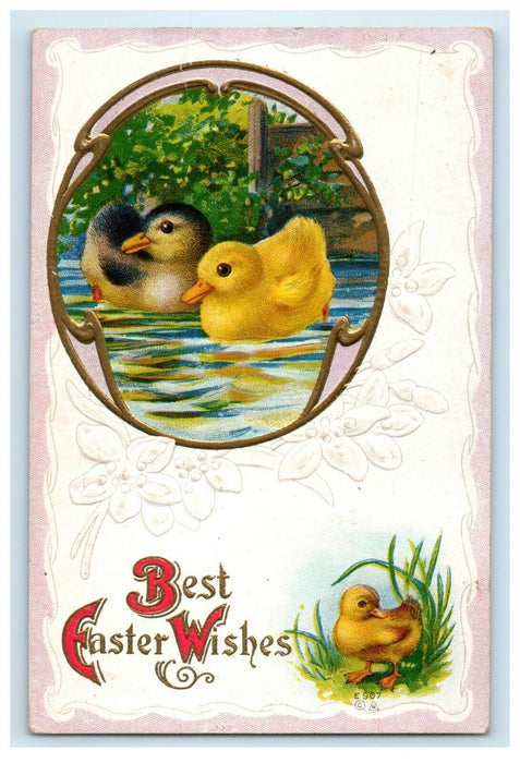 1915 Greetings Easter Chicks Swimming In Pond Flowers Embossed Postcard