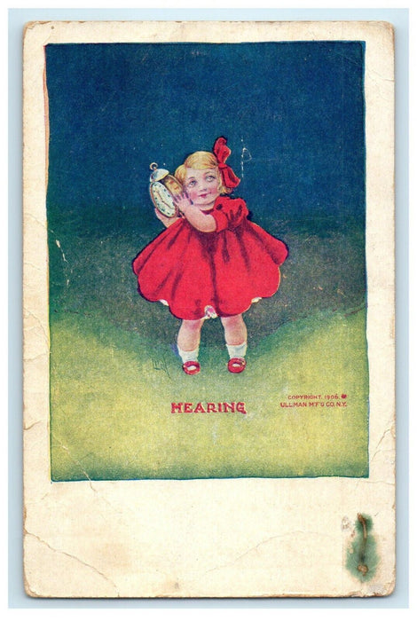 c1910's Greetings Easter Little Girl Dress Ribbon Hearing Clock Antique Postcard