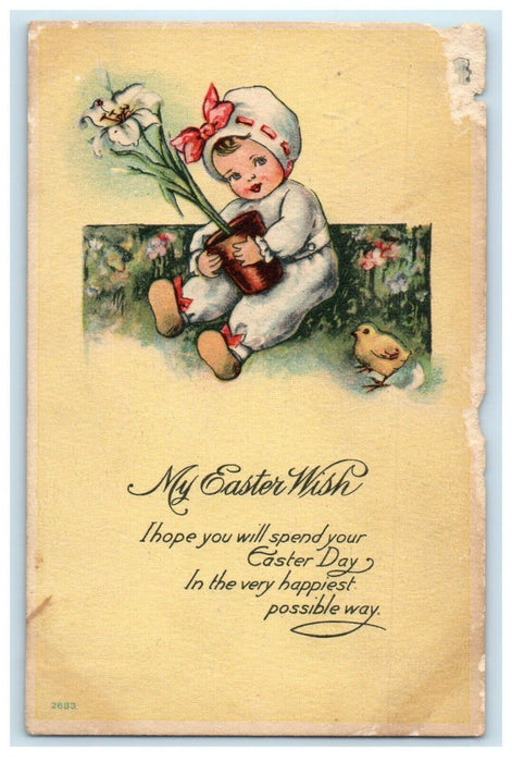 1917 Greetings Easter Little Girl Stargazer Lily Flower Pot And Chick Postcard