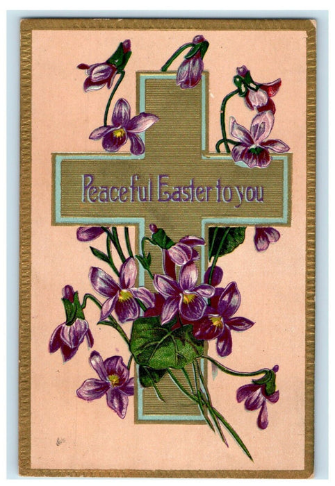 1910 Greetings Easter Gold Cross And Purple Flowers Embossed Antique Postcard