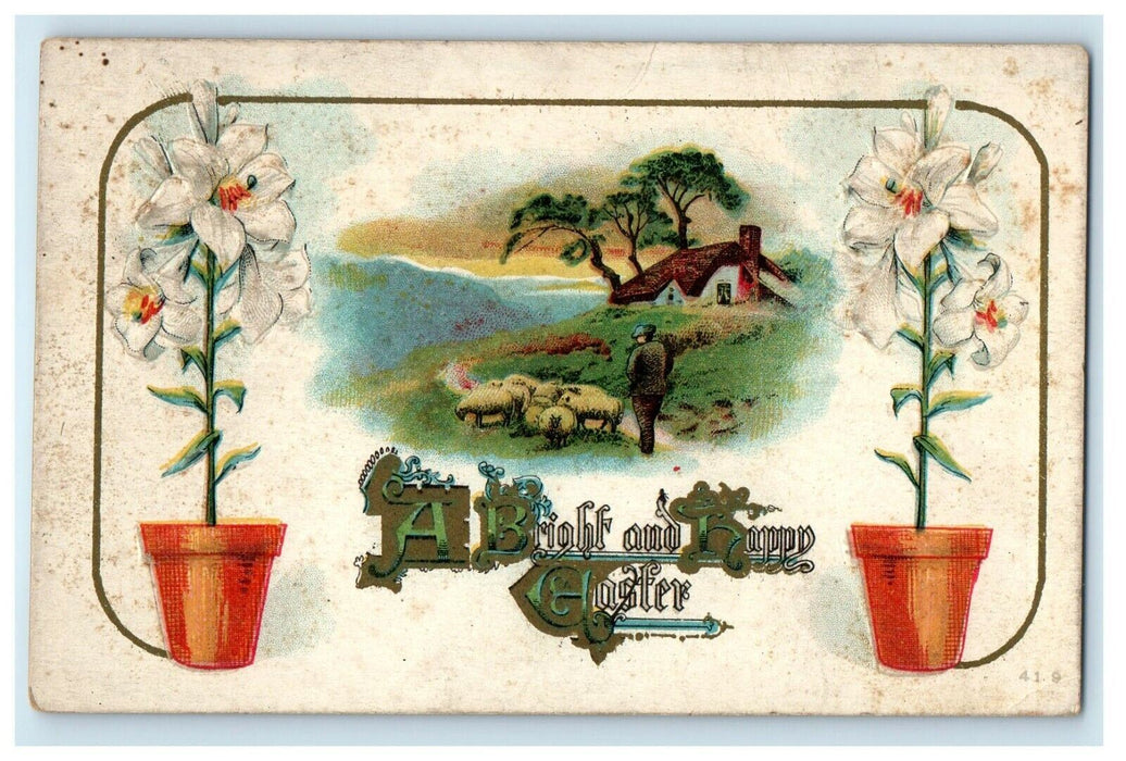 1907 Greetings Easter Stargazer Lily Flowers And Sheep Embossed Antique Postcard