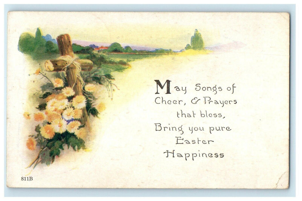 1924 Greetings Easter Flowers And Wooden Cross Posted Antique Postcard