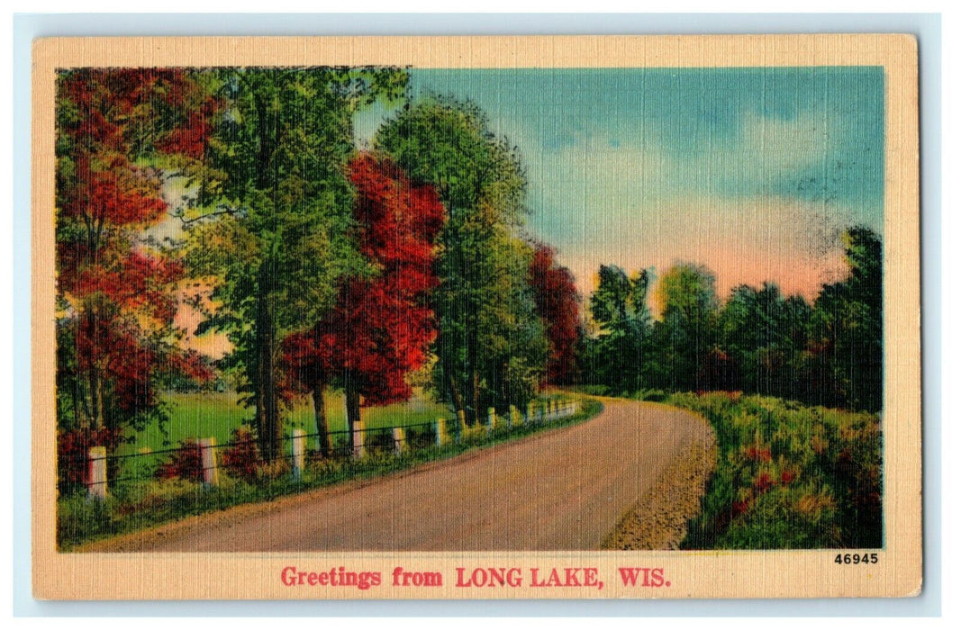 1930 Trees and Road in Greetings from Long Lake, Wisconsin WI Vintage Postcard