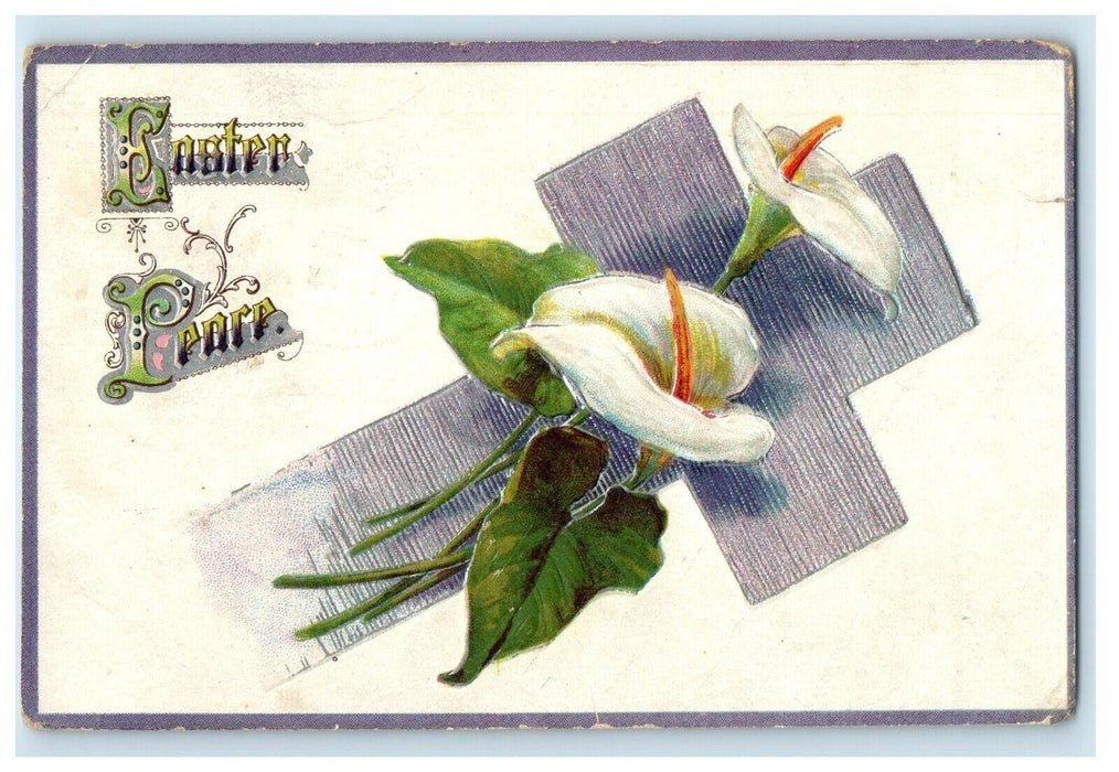 1913 Greetings Easter Silver Cross And Calla Lily Flowers Antique Postcard