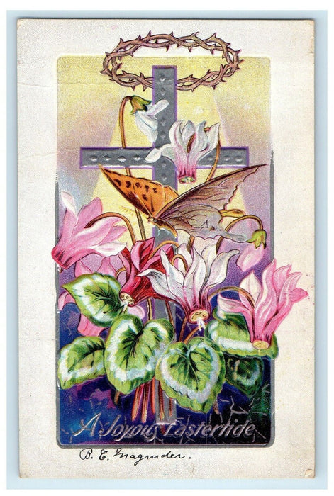 c1910's Greetings Easter Silver Cross Crown Big Butterfly And Flowers Postcard