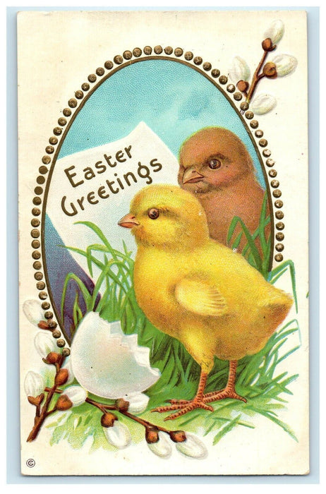 c1910's Easter Greetings Chicks In Giant Hatched Egg Gold Embossed Postcard