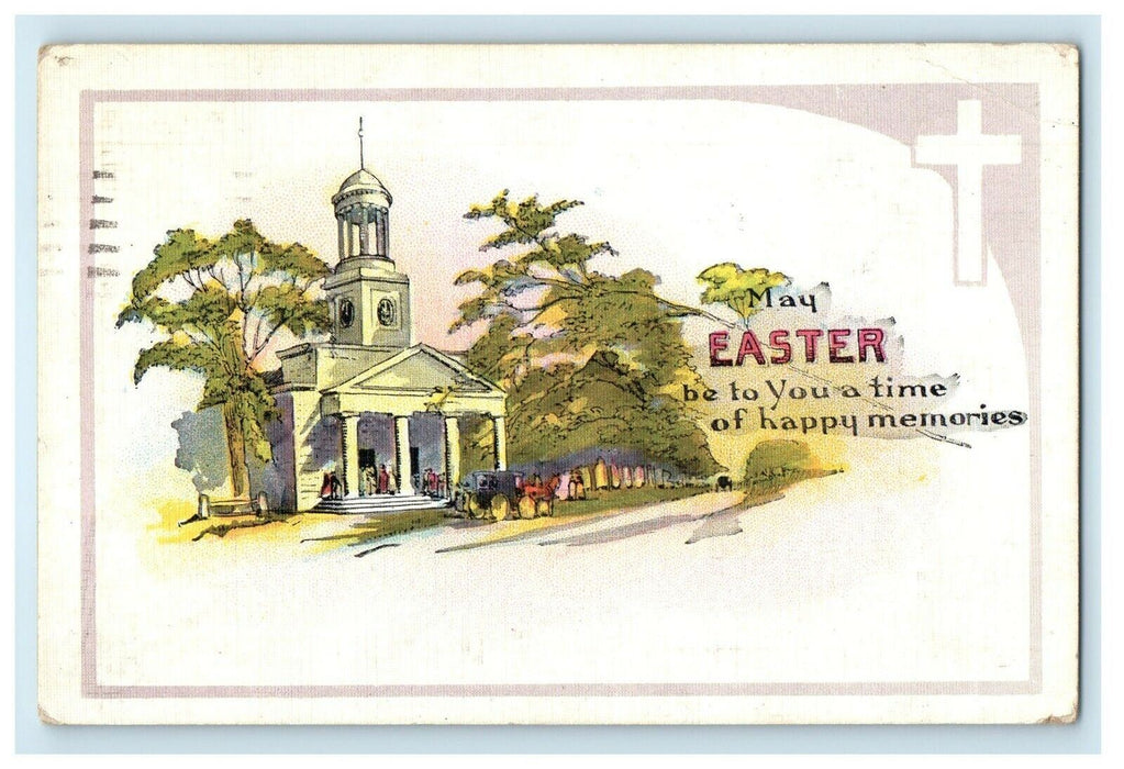 1923 Greetings Easter Cross Church And Car Posted Antique Postcard