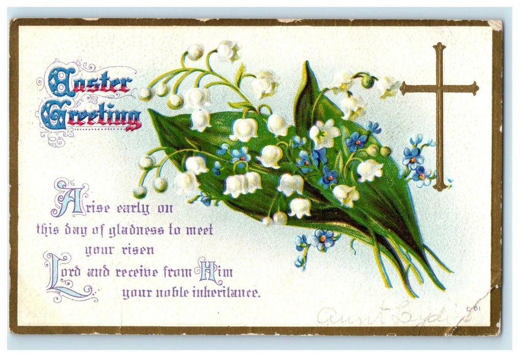 1915 Easter Greetings Orchid Flowers Blue Pansies Gold Cross Antique Postcard