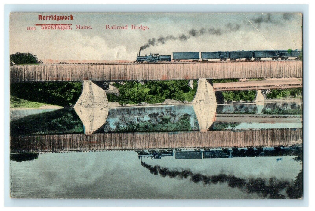 1919 Norridgewock Railroad Bridge Locomotive Train Skowhegan Maine ME Postcard