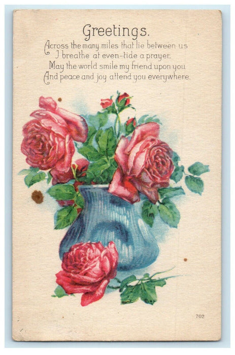 1924 Greetings Easter Flowers In Blue Vase Posted Antique Postcard