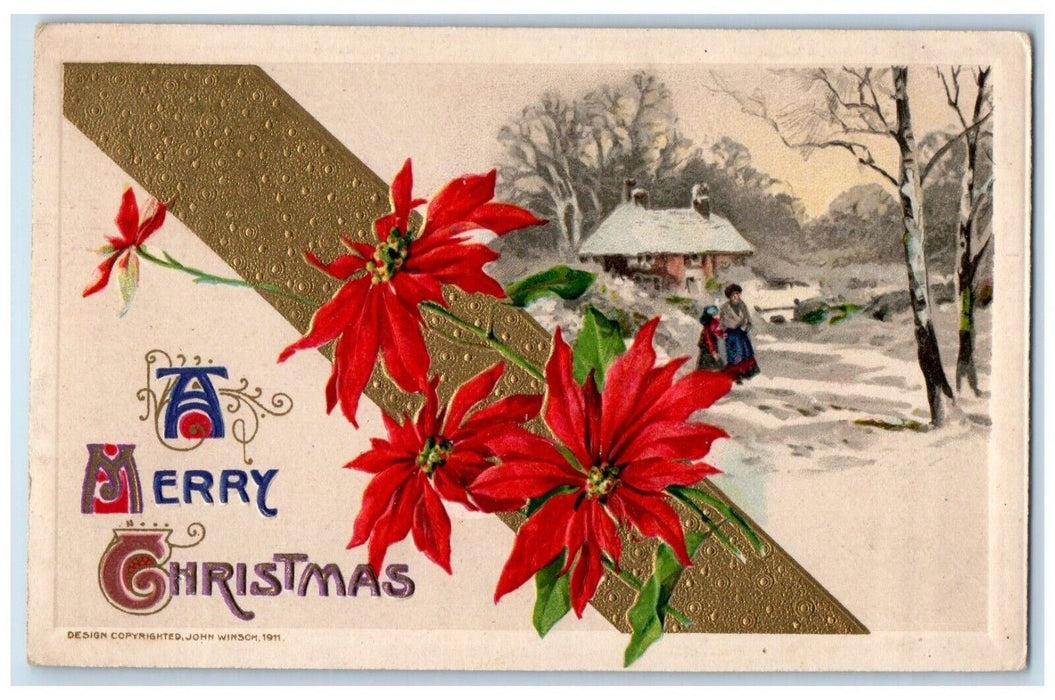 1912 Christmas Poinsettia Flowers Snow Winter John Winsch Artist Signed Postcard