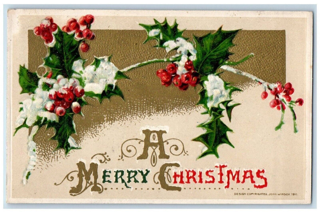 c1910's Christmas Holly Berries Covered Snow John Winsch Embossed Postcard