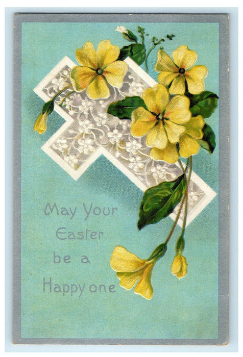 c1910 Greetings Easter White Cross Yellow Flowers Embossed Winsch Back Postcard