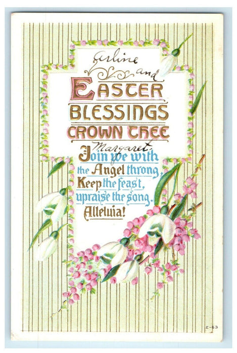 c1910's Greetings Easter Cross And Pink White Flowers Embossed Antique Postcard