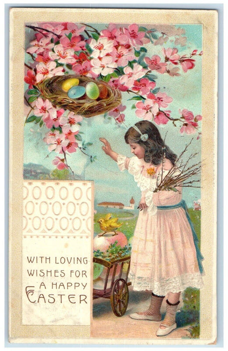1913 Happy Easter Girl Pipe Berry Eggs Nest Flowers Chick Hillsdale MI Postcard