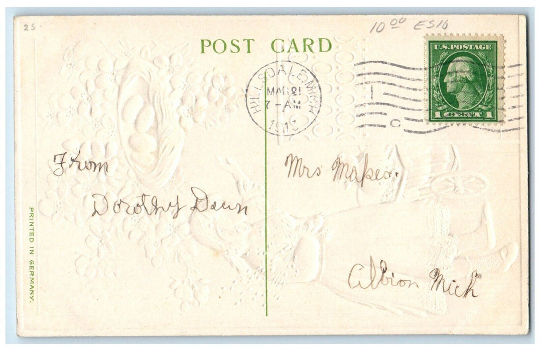 1913 Happy Easter Girl Pipe Berry Eggs Nest Flowers Chick Hillsdale MI Postcard