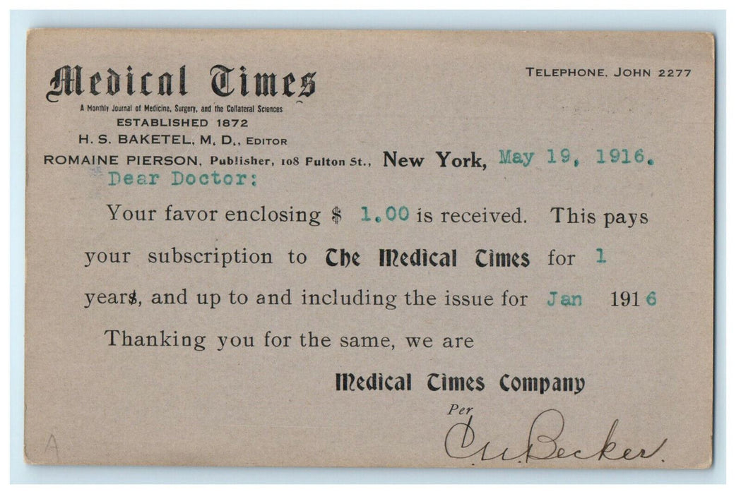 1916 Medical Times, 108 Fulton St. New York NY Posted Antique PMC Postcard