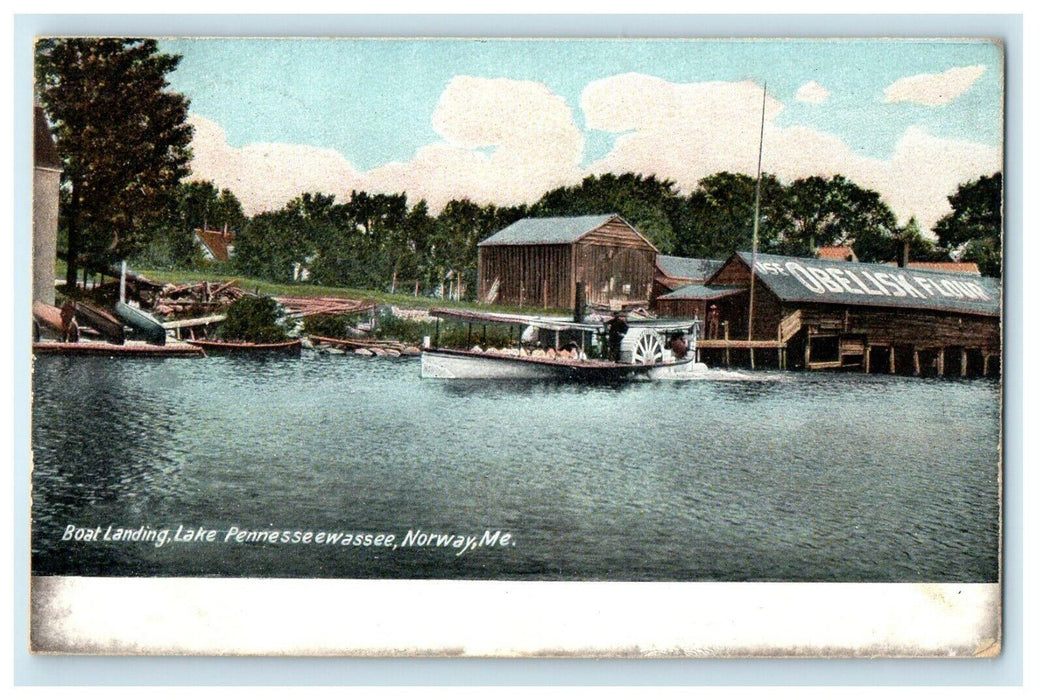 1910 Boat Landing, Lake Pennesseewassee, Use Obelisk Flour Norway ME Postcard