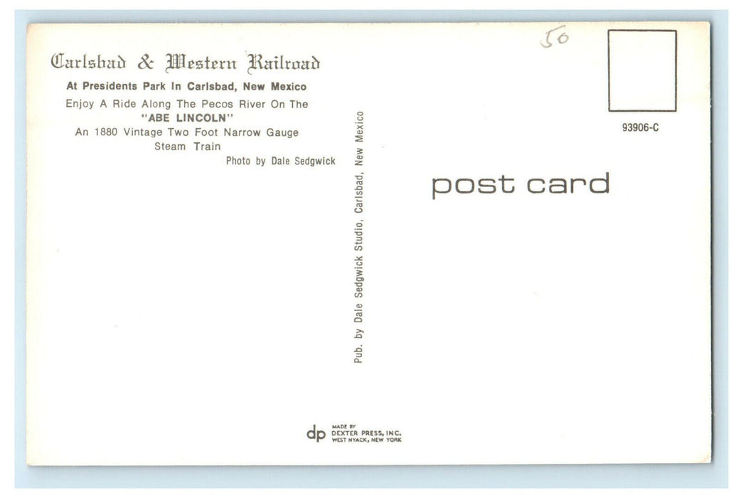 Abe Lincoln, Two Foot Narrow Gauge Train Carlsbad and Western Railroad Postcard