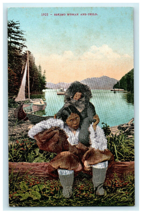 1925 View of River, Eskimos Woman and Child in Alaska Unposted Postcard