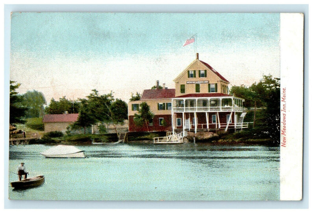 c1905 New Meadows Inn Hotel View Man On Boat Maine ME Antique Postcard